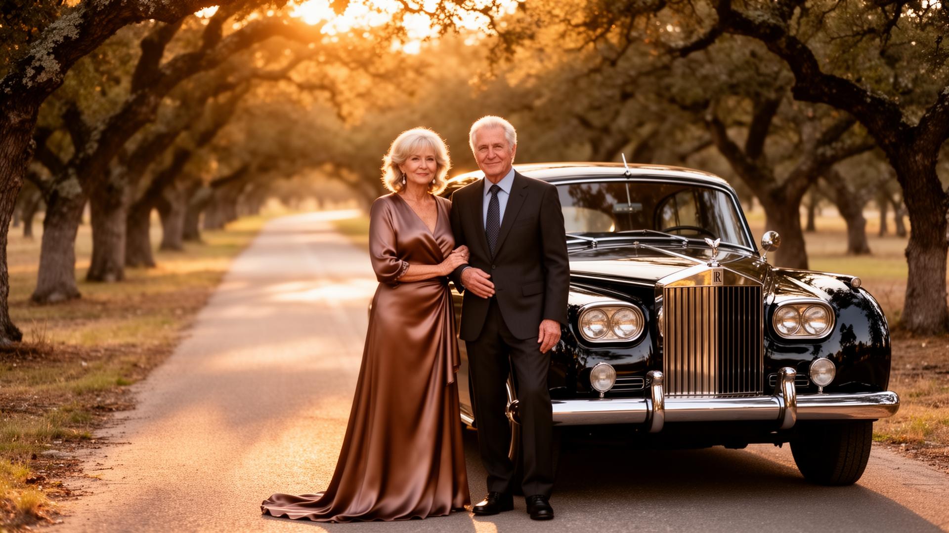 A refined couple celebrating their anniversary beside a polished vintage Rolls-Royce on an oak-lined country lane