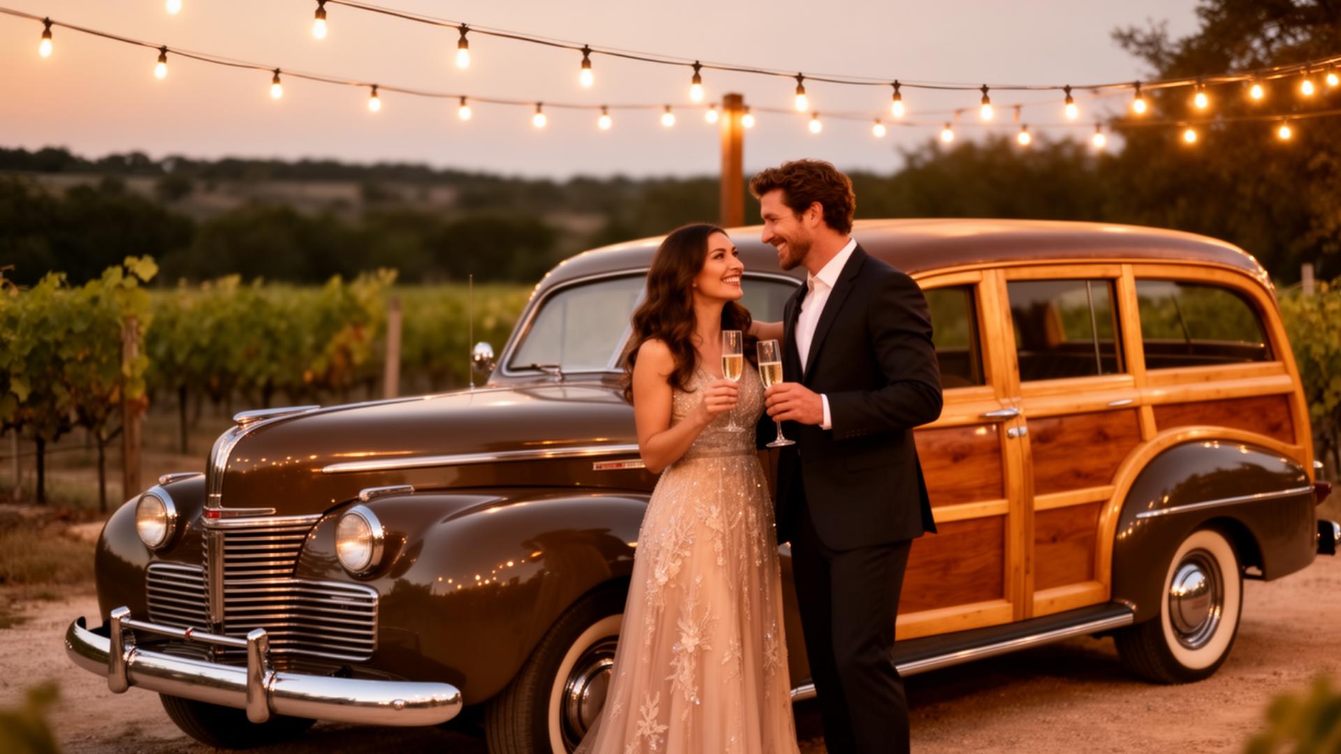 An elegantly dressed couple toasting champagne beside a vintage woody station wagon