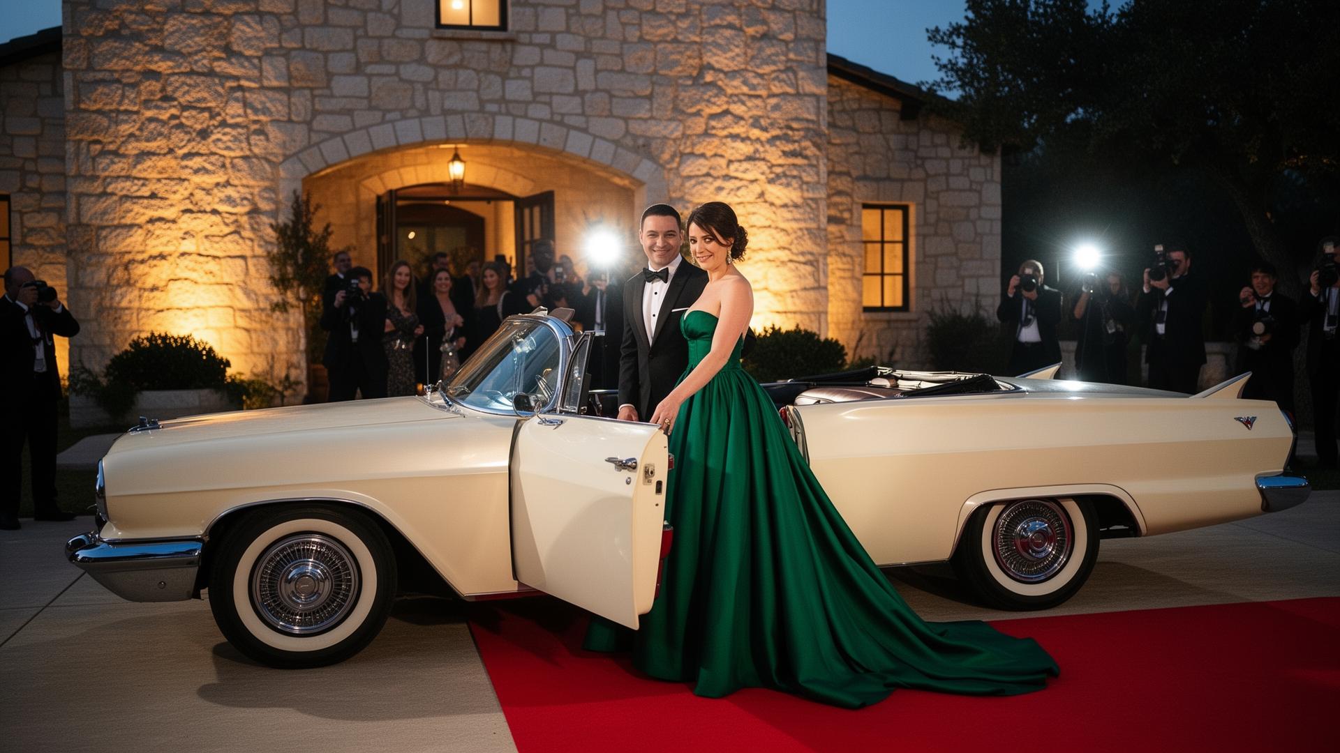 A glamorous couple in formalwear arriving on a red carpet beside a pearl-ivory vintage convertible
