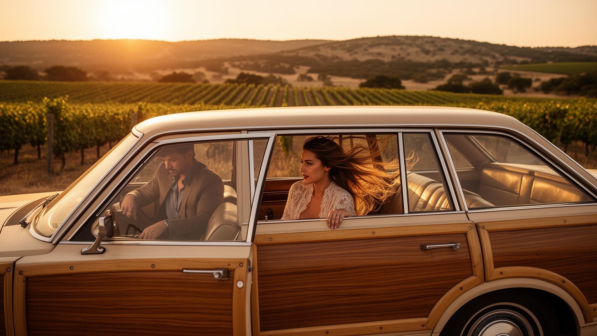 A stylish couple on a sunset drive through Texas wine country in a vintage woody