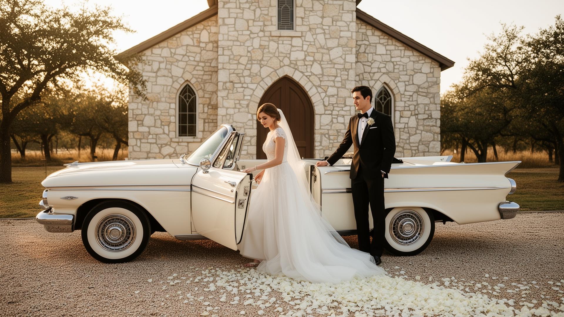 A bride stepping from a vintage pearl-ivory convertible at a Hill Country stone chapel